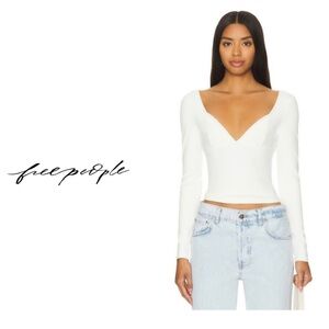 Free People Women's Cream Deep V-Neck Long Sleeve Top